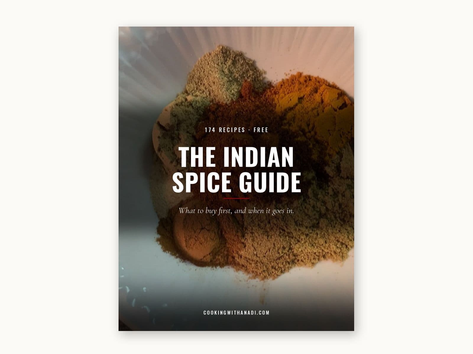 Cover of the Indian Spice Guide, over a photograph of ground turmeric, red chilli and coriander heaped in a white bowl.